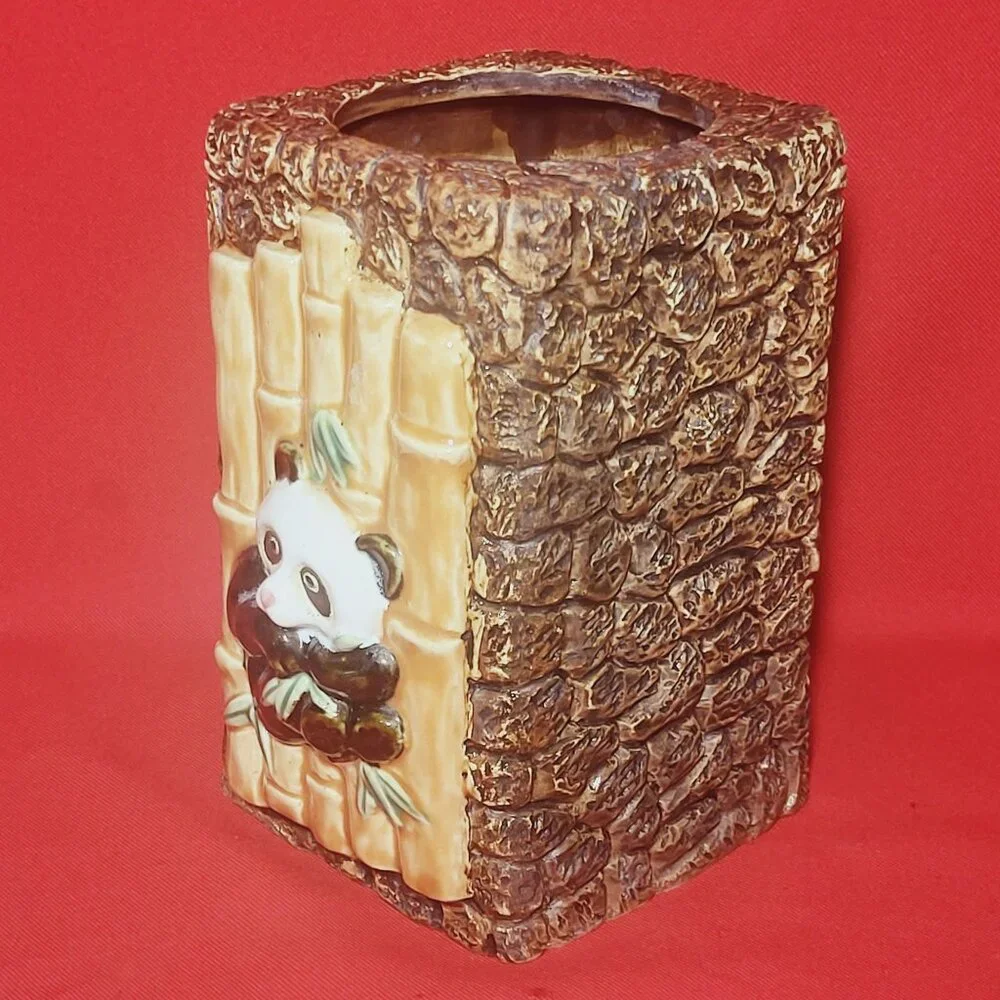 Vintage Panda Bamboo Ceramic Pottery Planter Large Vase